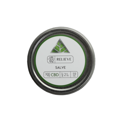 Color Up RELIEVE Pure CBD Salve in 2 oz with 300mg CBD, hemp seed oil, beeswax, and arnica on white background.