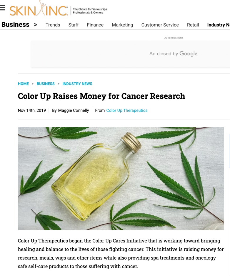 Article about Color Up raising money for cancer research with a bottle and leaves on a white background.