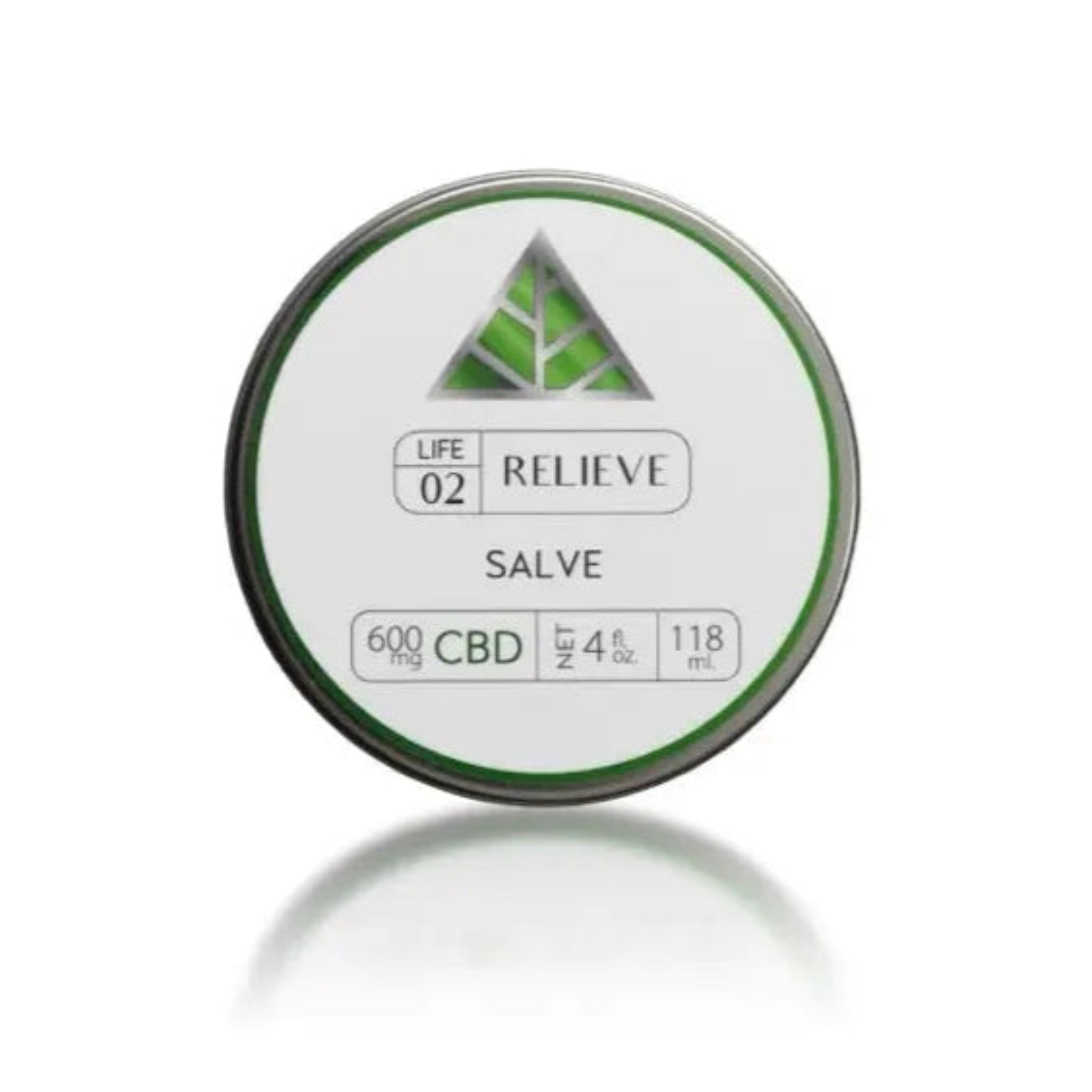 Relieve CBD Salve - 600mg - 4oz Color Up label in a silver tin.