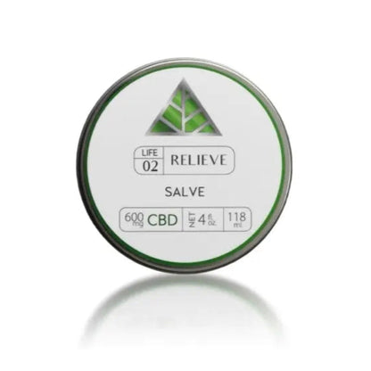 Relieve CBD Salve - 600mg - 4oz Color Up label in a silver tin.