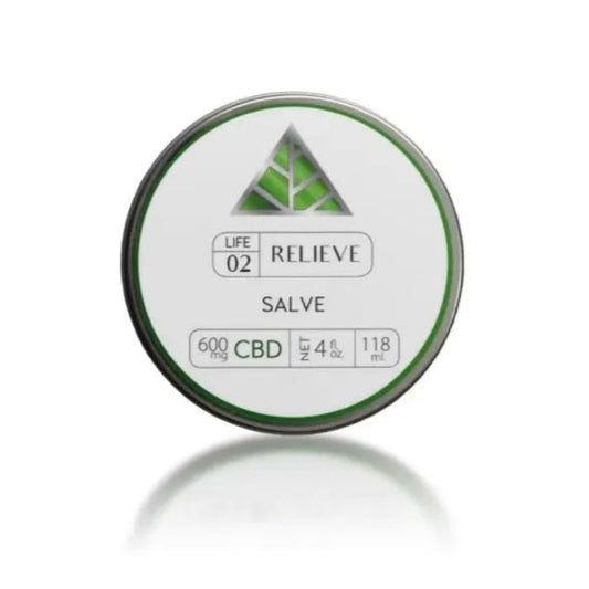 Relieve CBD Salve - 600mg - 4oz Color Up label in a silver tin.