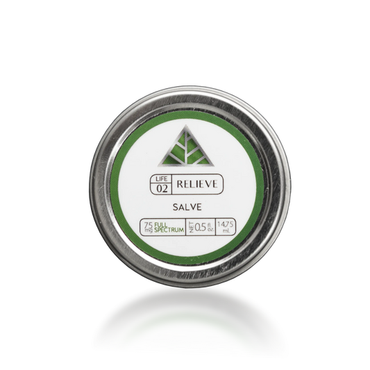 Color Up RELIEVE Full Spectrum Salve in travel-size 0.5 oz tin with hemp beeswax on a transparent background.