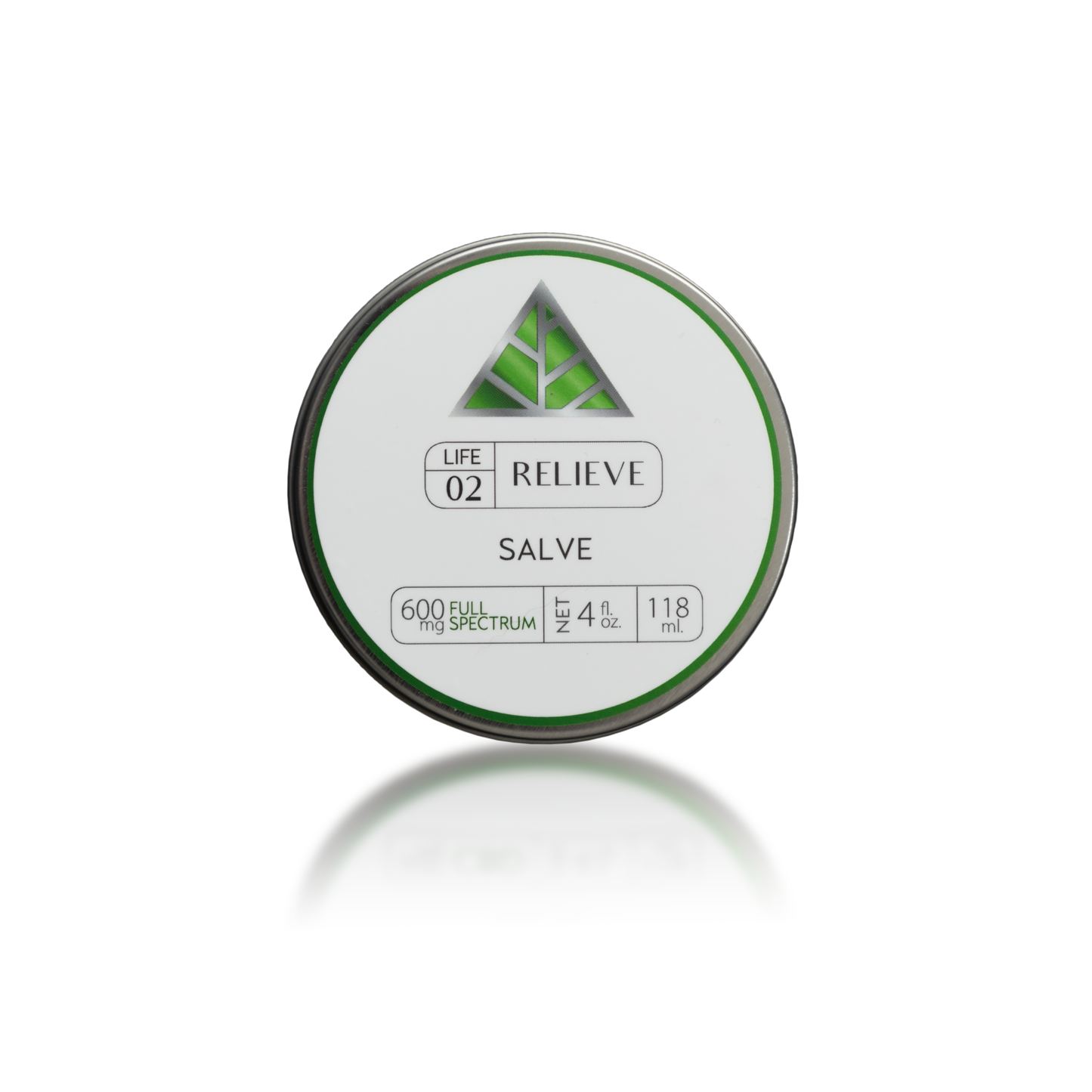 Color Up green life line label on silver tin labeled RELIEVE Salve on a white background