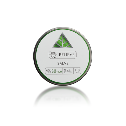 Color Up green life line label on silver tin labeled RELIEVE Salve on a white background