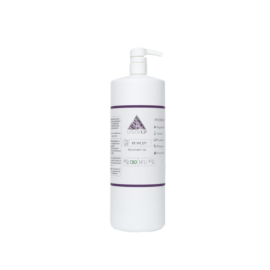 Color Up REMEDY Treatment Oil in 16 oz backbar size for professional facial treatments and treatment room featuring a pink-purple accent band, triangle, and text on the label, set against a transparent background.