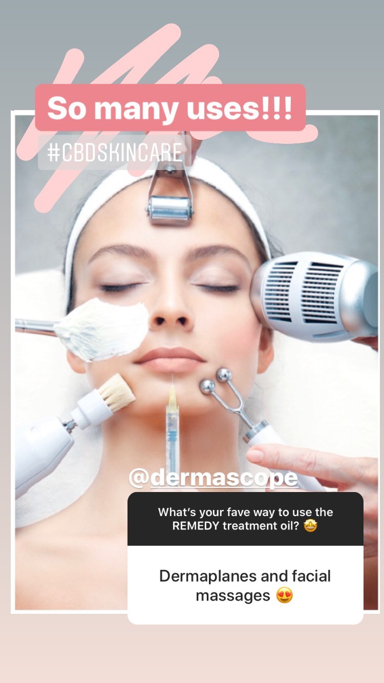 Woman receiving a skincare treatment with various devices on her face, featuring text about Color Up Liquid Gold CBD skincare and Dermascope Magazine.