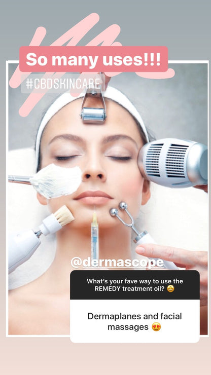 Woman receiving a skincare treatment with various devices on her face, featuring text about Color Up Liquid Gold CBD skincare and Dermascope Magazine.