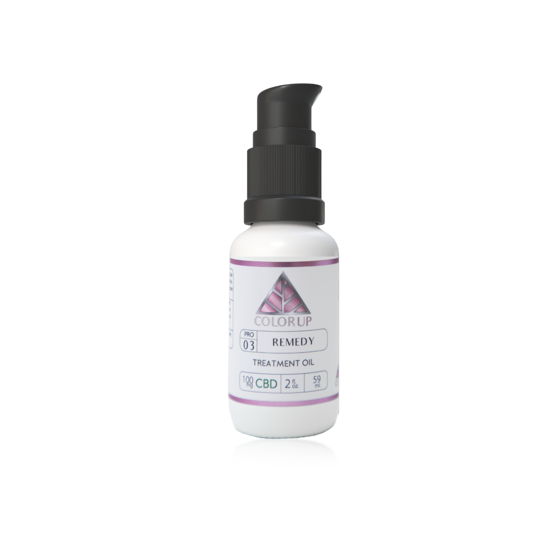 Bottle of ColorUp Remedy Treatment Oil on a white background