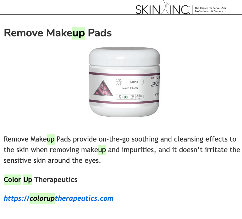 Jar of 'Color Up Remove Makeup Pads' with text about its use and a link to Skin Inc 