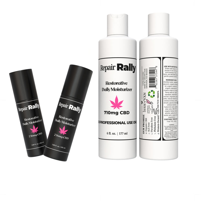 Four bottles of Repair Rally Restorative Daily Moisturizer - two larger white bottles and two smaller black bottles with CBD on a white background