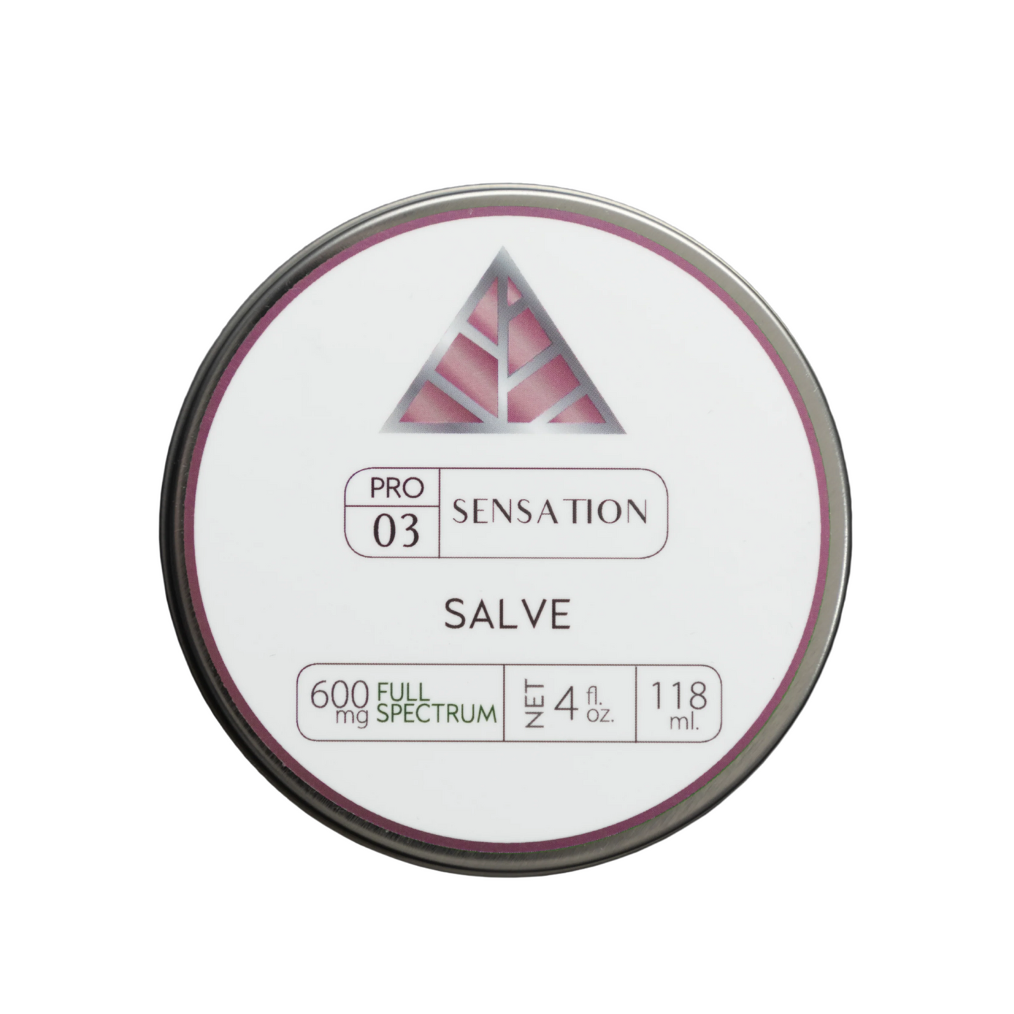 Silver salve container labeled 'Pro 03 Sensation Salve on a white  background.