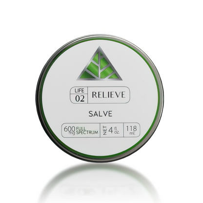 Relieve full spec salve 4oz color up label on aluminum tin container. 