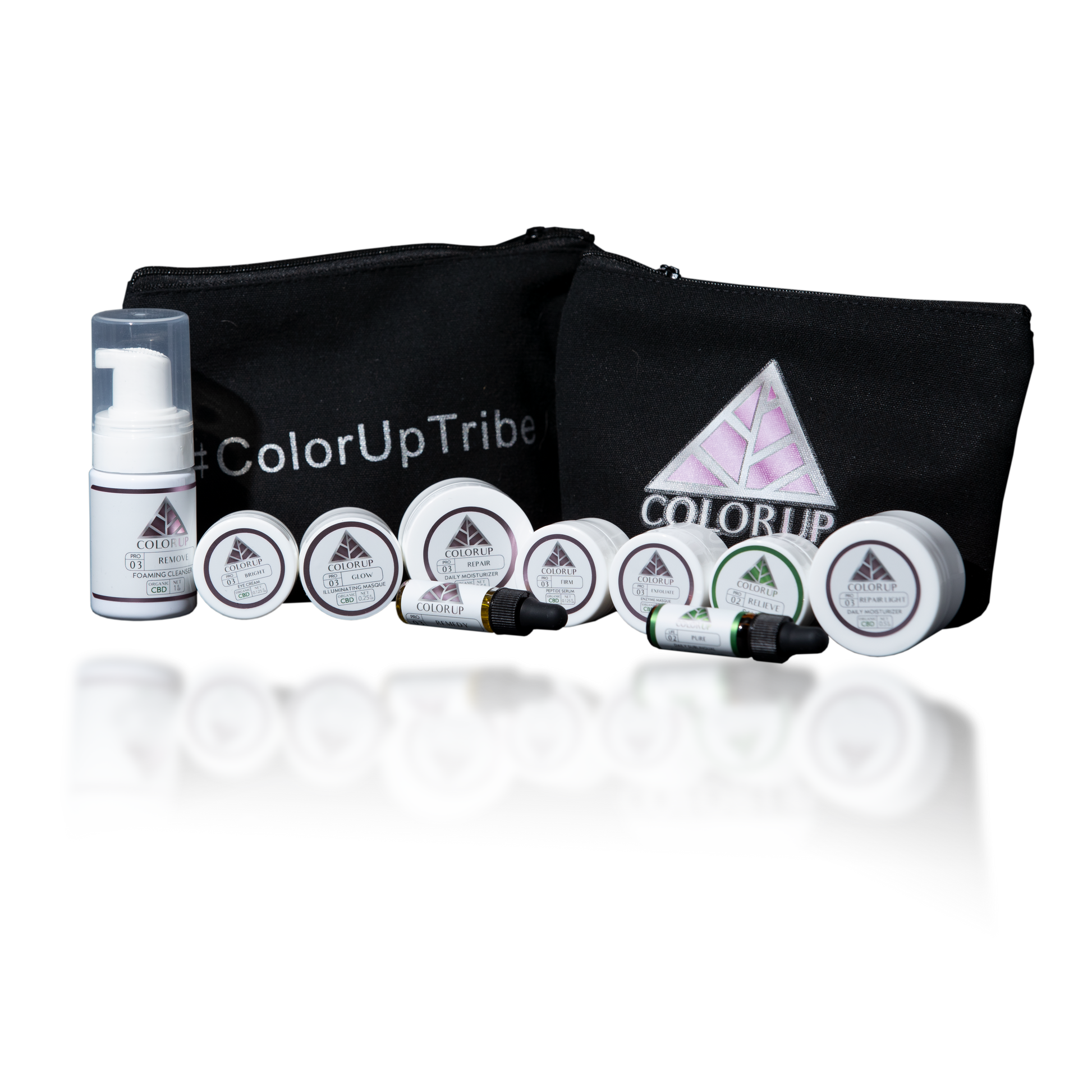 Color Up Tribe blag canvas bag with 10 white sample sized skin care products labeled with Color Up green and pink triangle logos. 