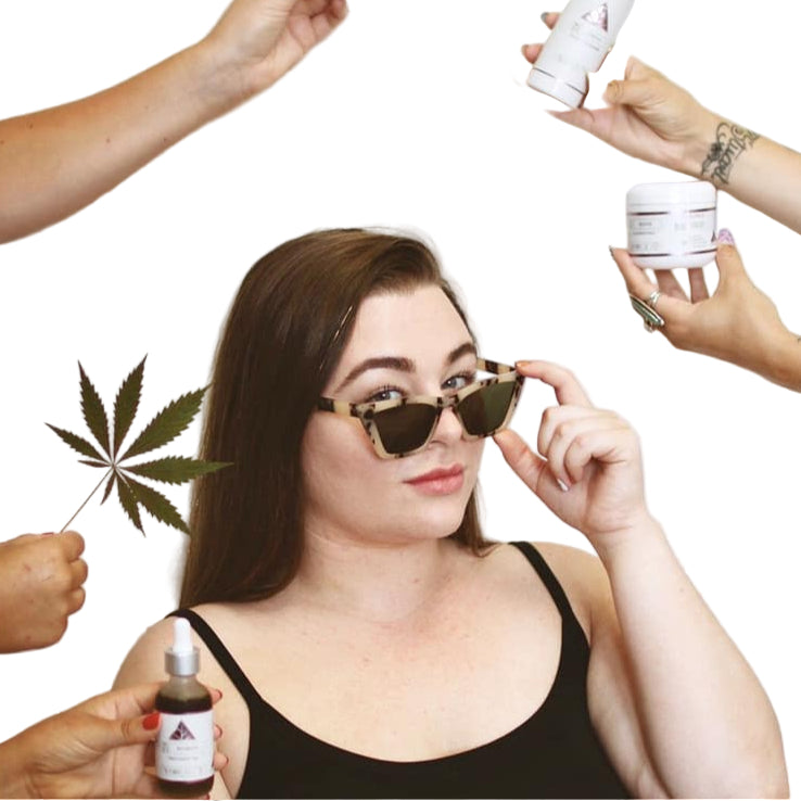 Woman holding sunglasses with hands holding cannabis leaves and Color Up products around her.