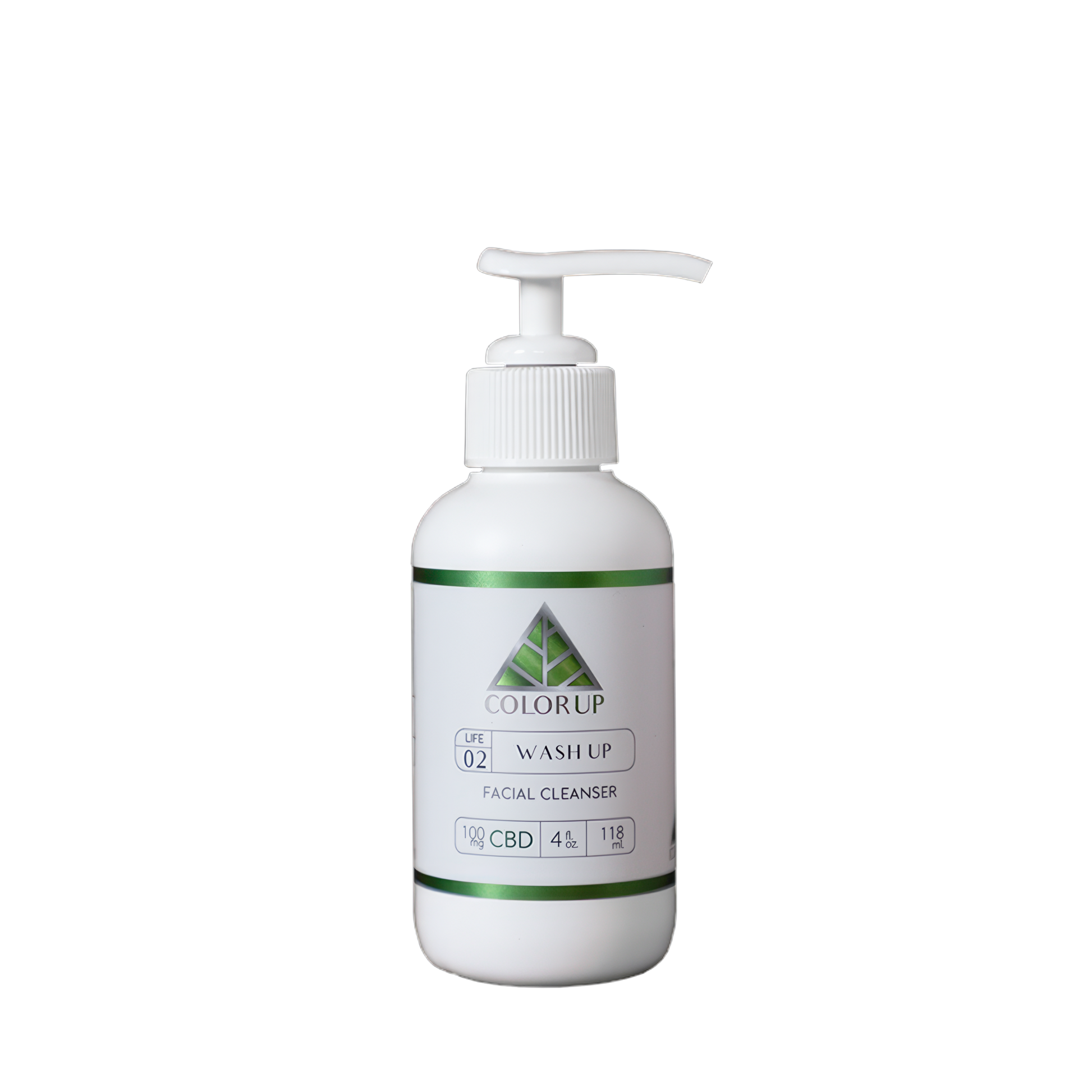 White bottle of Color Up Wash Up facial cleanser with pump on a transparent background