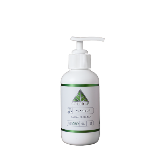 White bottle of Color Up Wash Up facial cleanser with pump on a transparent background