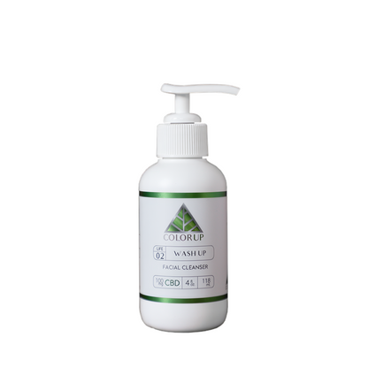 White bottle of Color Up Wash Up facial cleanser with pump on a white background
