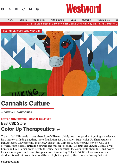 Colorful illustration of a cow with text about cannabis culture and a best cannabis store award to Color Up Therapeutics.