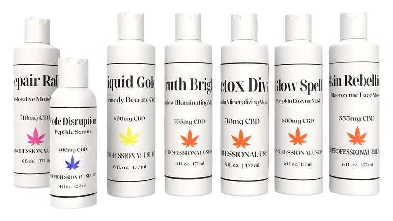 Row of house of vxn backbar sized cannabinoid infused products with professional use across the labels
