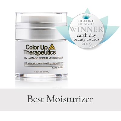 Color Up Therapeutics UV Damage Repair Moisturizer jar with award badge for best moisturizer at healing lifestyles.