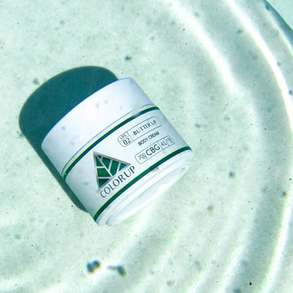 Body Butter Body Cream with CBG 'Color Up' label with green triangle. 