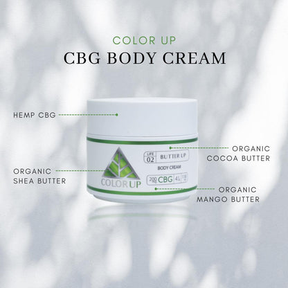 Color Up CBG Body Cream jar with ingredients listed on a light background