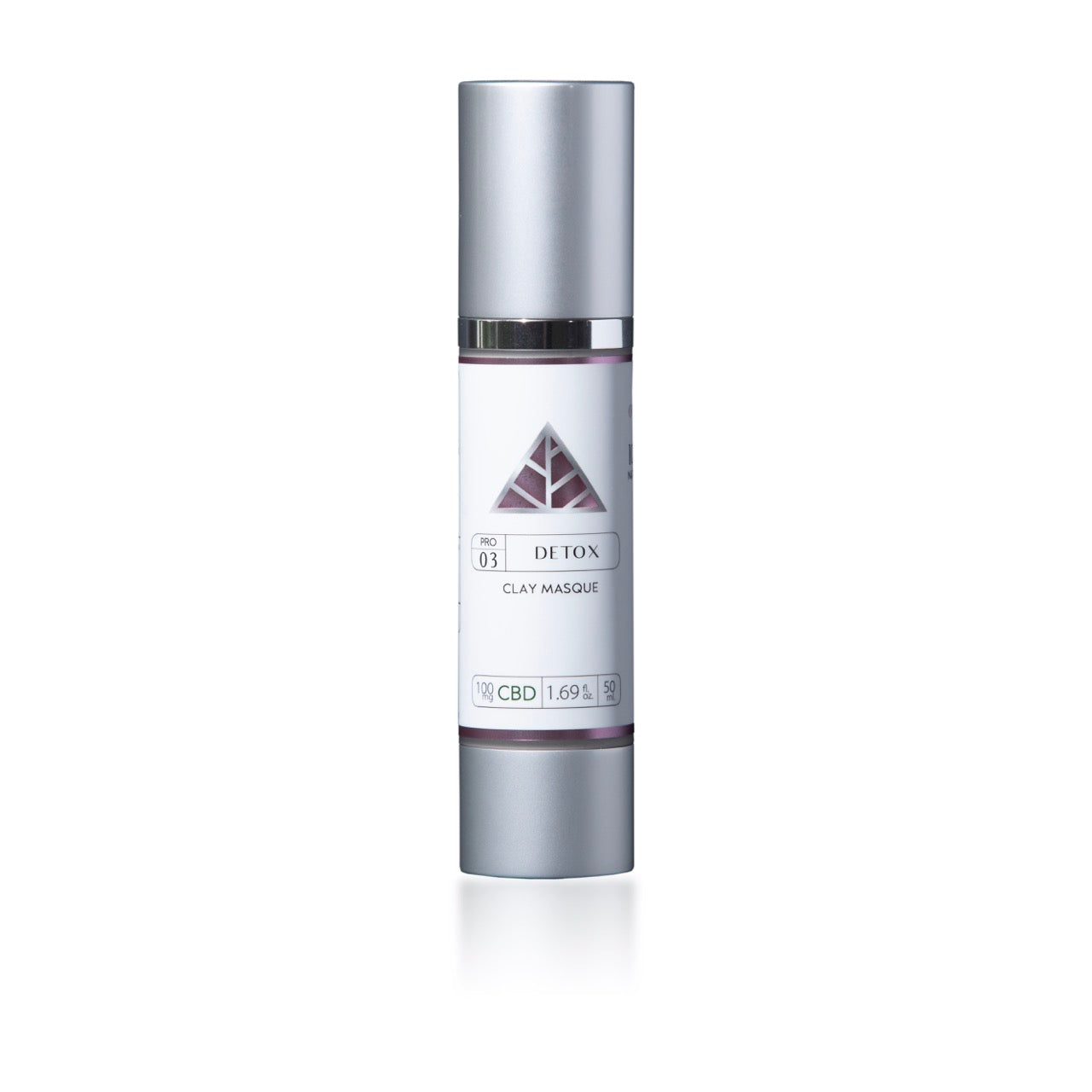 Skincare bottle labeled 'Detox Clay Masque' with CBD on a black background