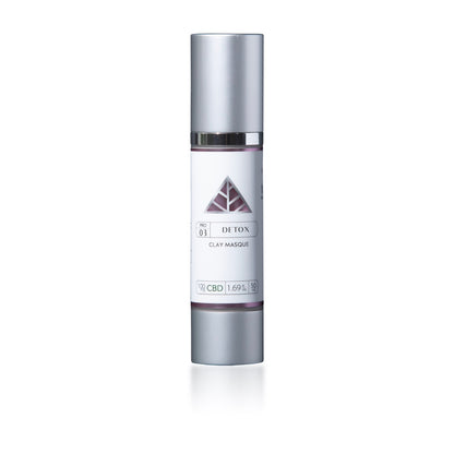 Skincare bottle labeled 'Detox Clay Masque' with CBD on a black background