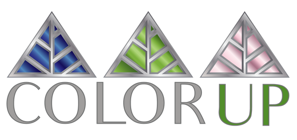 Logo of 'Color Up' with geometric triangular designs in blue, green, and pink on a white background.