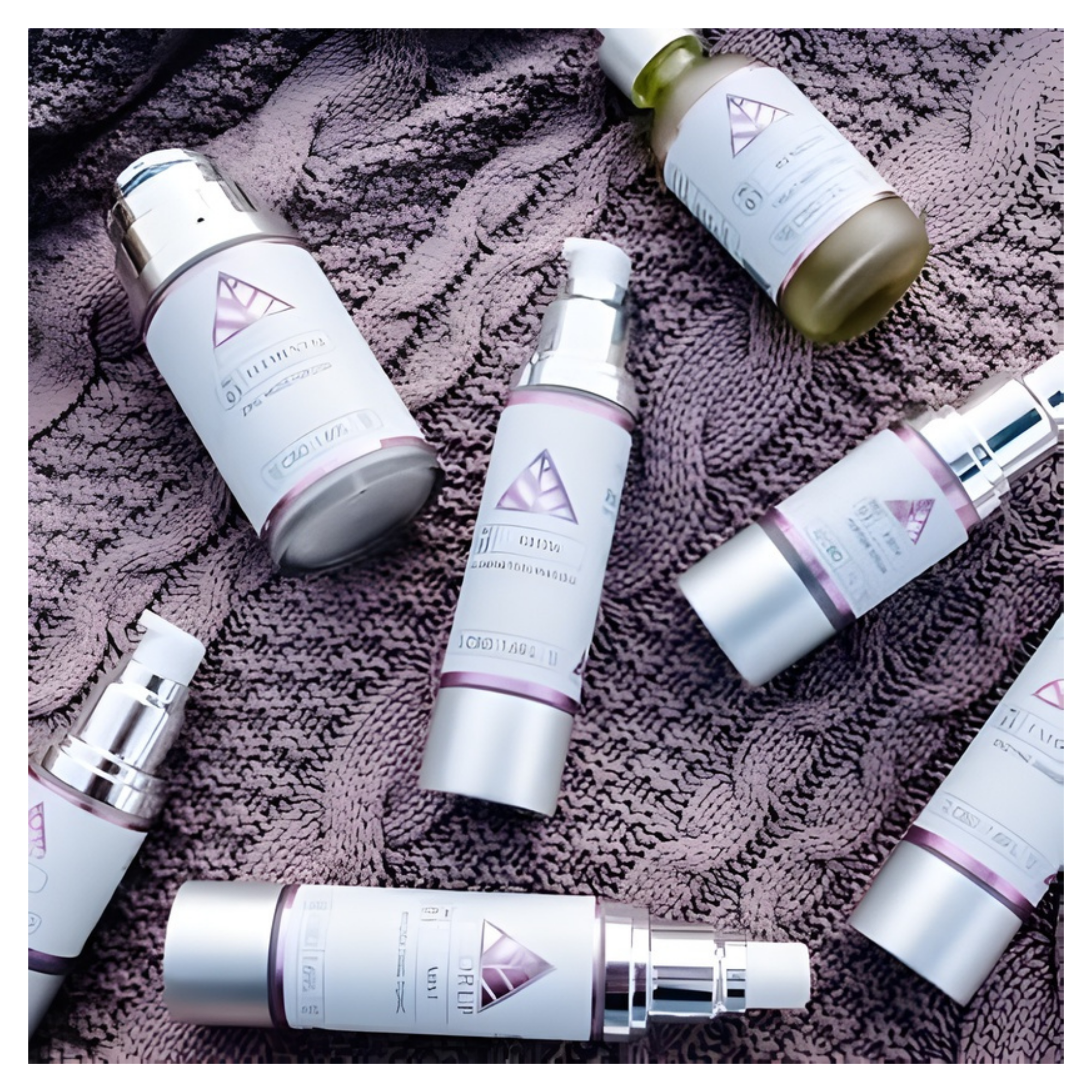 Skincare bottles with a brand logo on a textured fabric background
