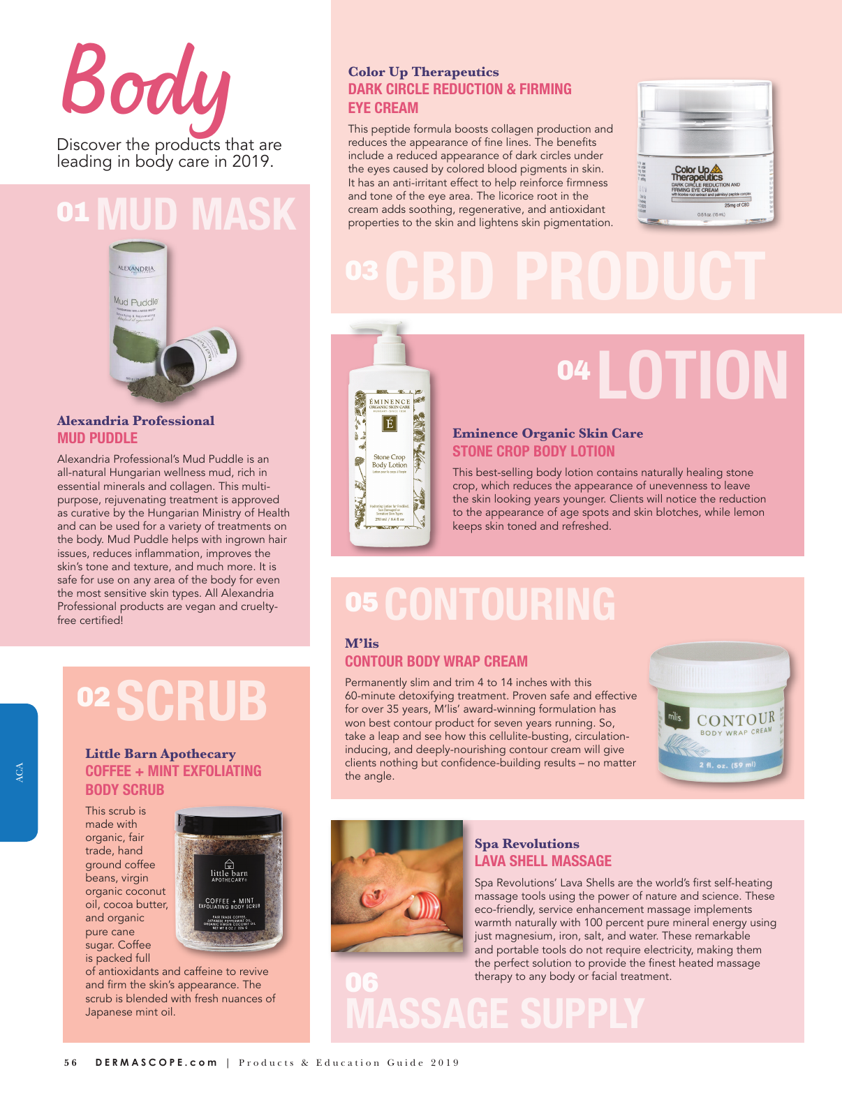 2019 DERMASCOPE product and education guide page showing historical Color Up Therapeutics packaging