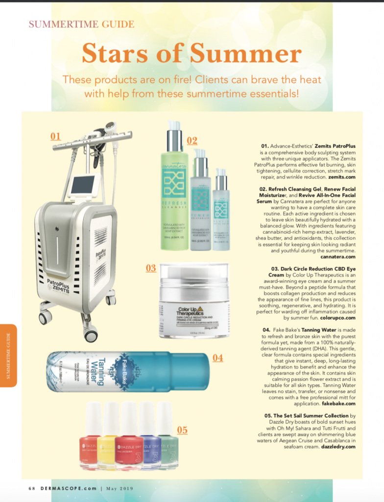 Advertisement for summertime skincare products in Dermascope with text about Color Up Therapeutics Eye Cream and other product images.