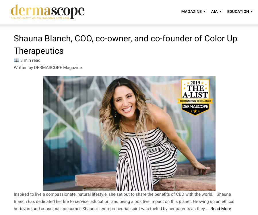 Color Up founder Shauna Blanch in a striped dress standing in front of a colorful mural, with 'Dermascope' magazine logo and text.