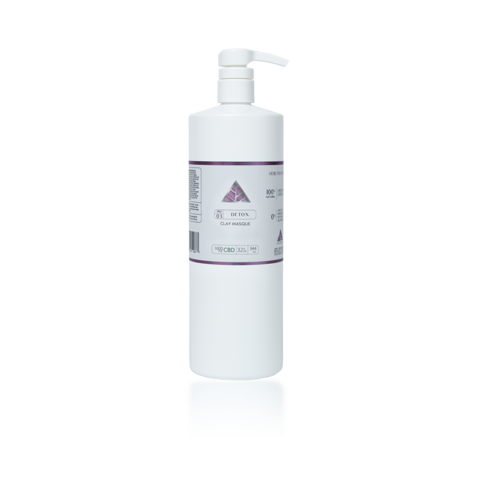 Large white pump bottle with 'Detox Clay Masque' label with pink Color Up triangle