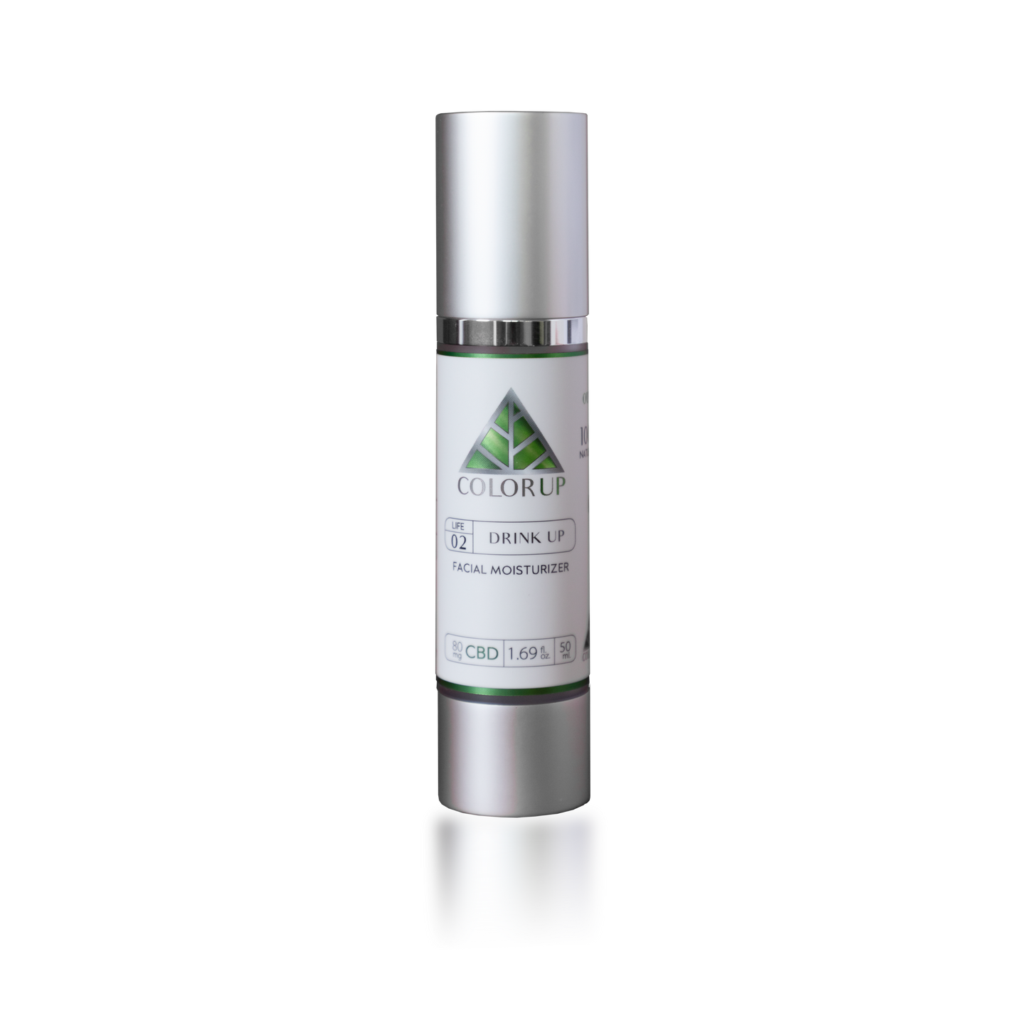 Silver and white bottle with a green logo on a white background