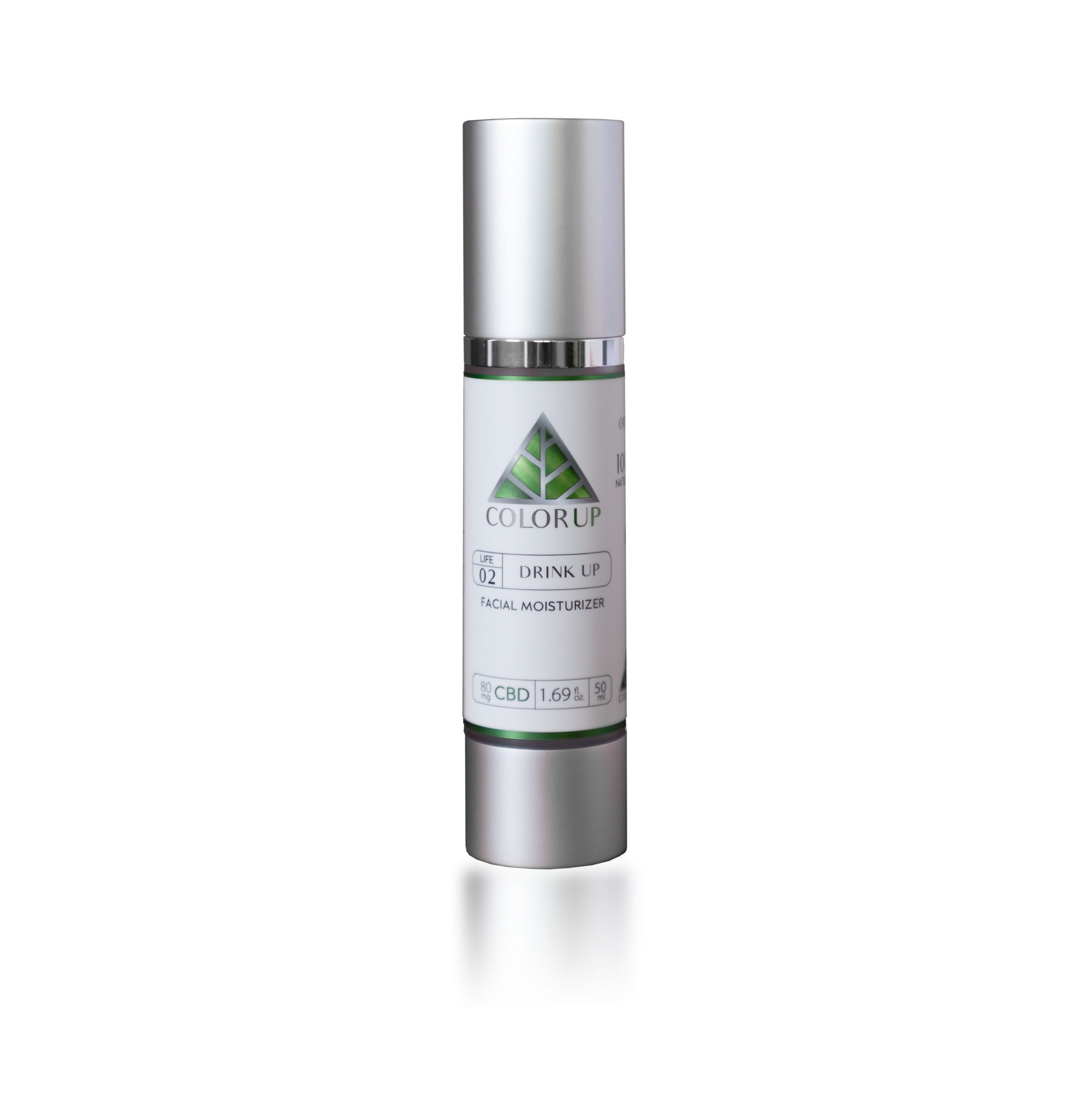 Silver and white bottle with a green logo on a white background
