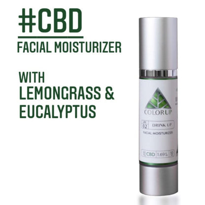 Color Up Facial Moisturizer with green triangle logo on silver cosmetic bottle with green ingredient words on a white background.