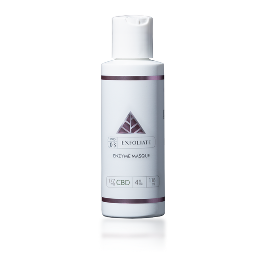 White skincare bottle with a color up logo with 'exfoliate enzyme masque' on a white background
