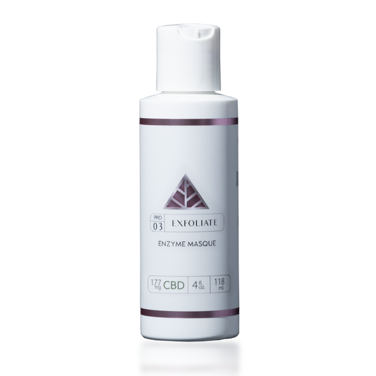 White skincare bottle with a color up logo with 'exfoliate enzyme masque' on a white background