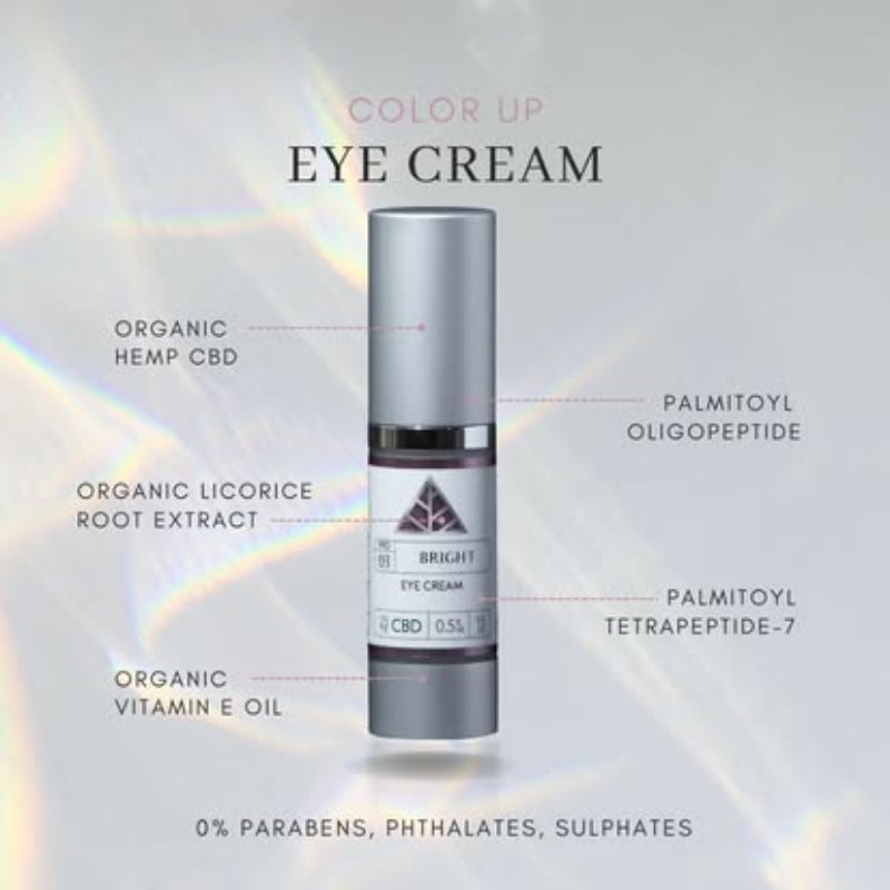 Bright Eye cream Color Up label on silver cosmetic pump bottle with ingredients listed around the bottle.