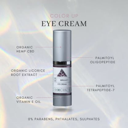Bright Eye cream Color Up label on silver cosmetic pump bottle with ingredients listed around the bottle.