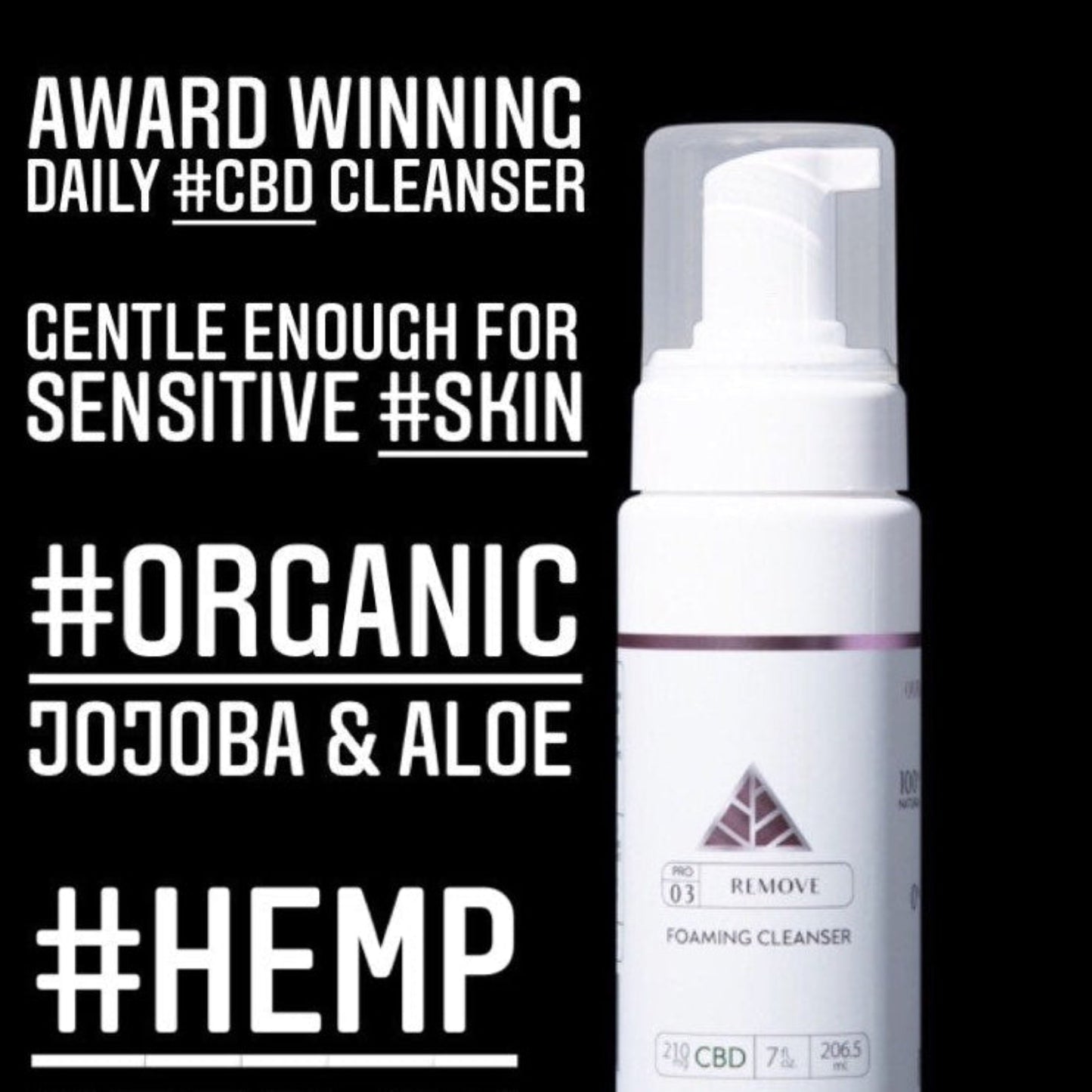 'Color Up Foaming cleanser' bottle with text highlighting CBD, organic, jojoba, aloe, and hemp seed oil on a black background.