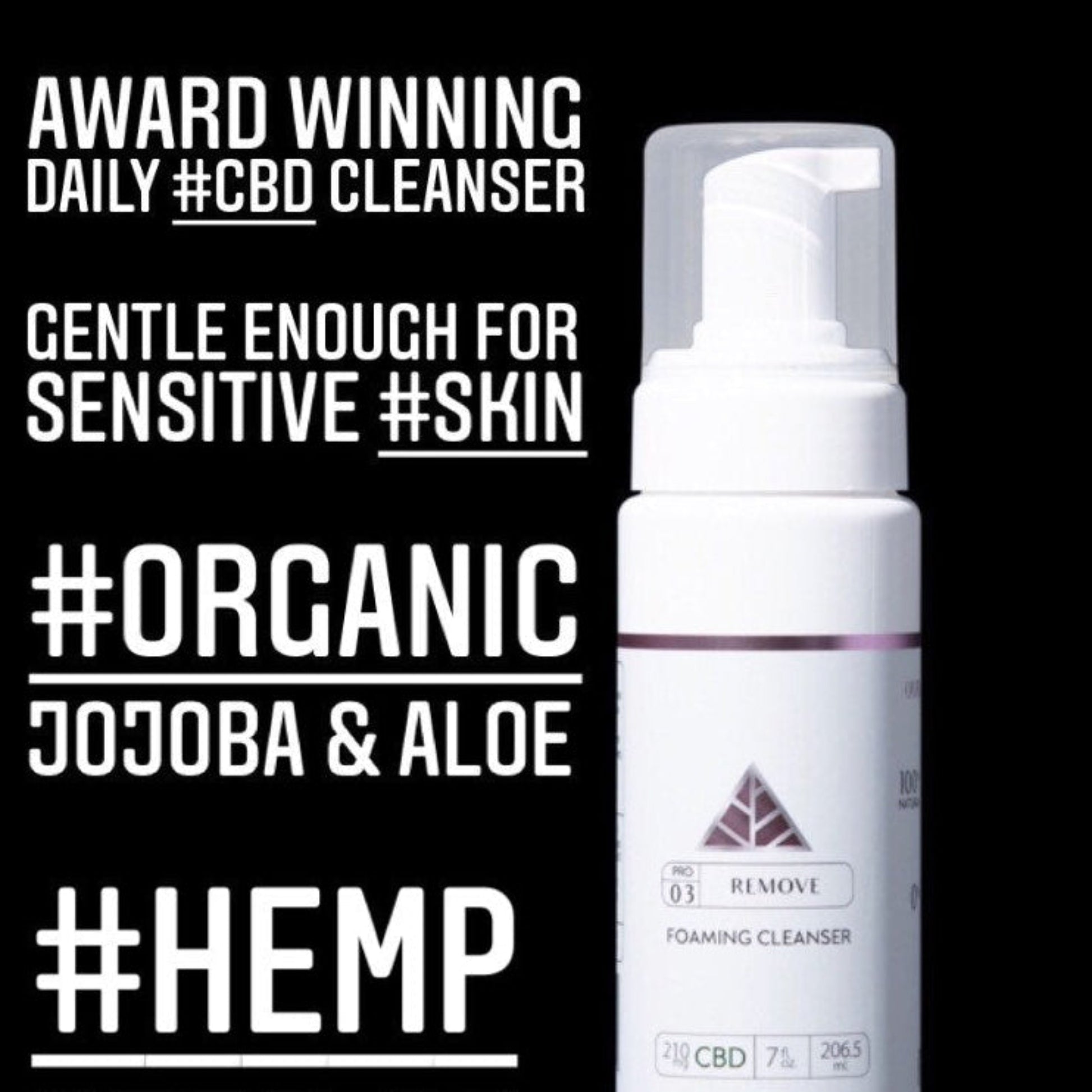 'Color Up Foaming cleanser' bottle with text highlighting CBD, organic, jojoba, aloe, and hemp seed oil on a black background.