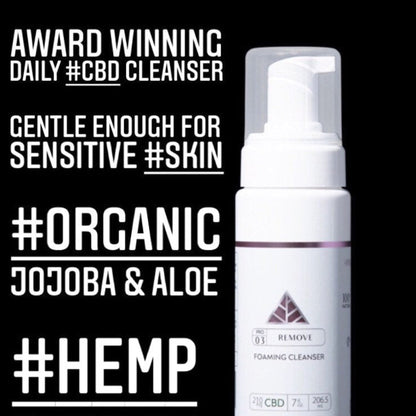 'Color Up Foaming cleanser' bottle with text highlighting CBD, organic, jojoba, aloe, and hemp seed oil on a black background.