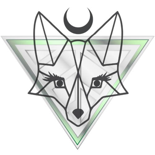 Geometric design of House of VXN logo with fox face and crescent moon inside a triangle with seven spaces for the chakras and line of breath down the middle, on a white background