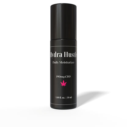 Black bottle of Hydra Hustle Daily Moisturizer with CBD on a white background