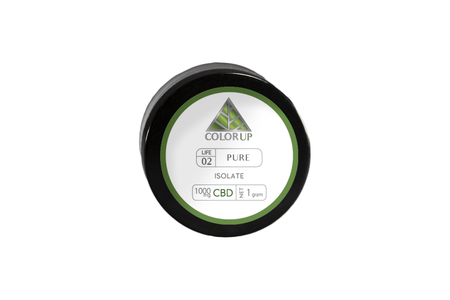 Round glass container with 'Color Up' branding and green triangle logo stating 'pure isolate'.
