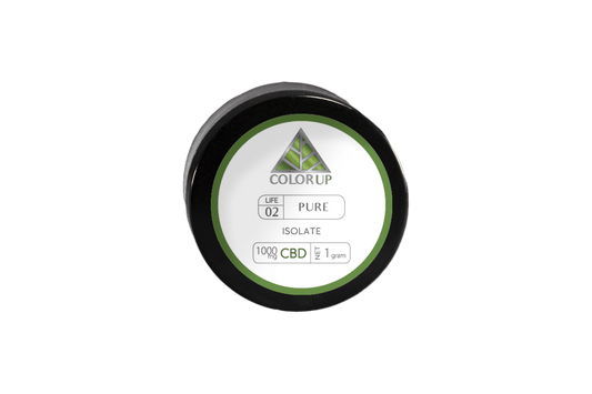 Round glass container with 'Color Up' branding and green triangle logo stating 'pure isolate'.
