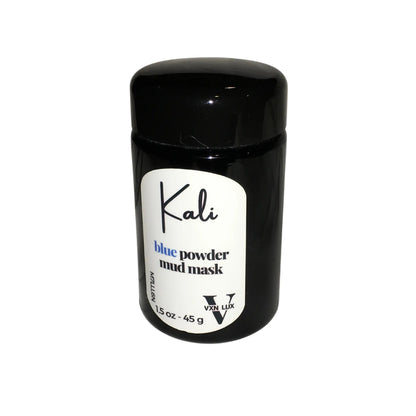 A black plastic jar of Color Up Kali Blue Powder Mud Mask with a white label, shown on a plain white background.
