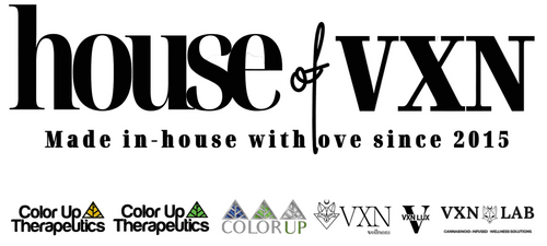 Logo of 'house of VXN' with text 'Made in-house with love since 2015' and various brand logos below.